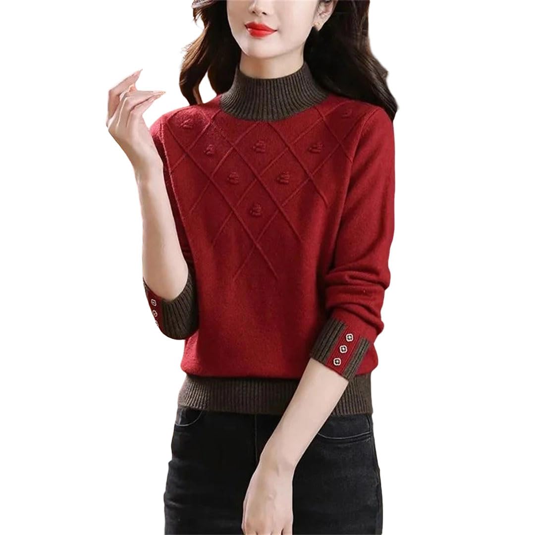 Womens Mock Neck Patchwork Knitted Pullover Winter Loose Casual Jumper Long Sleeve Sweater