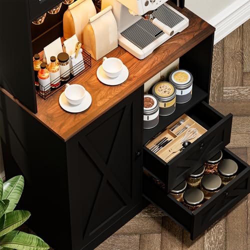 Image of 71''Kitchen Pantry Storage Cabinet with LED Lights and Power Outlet, Tall Farmhouse Kitchen Hutch with Microwave Stand,Globet Hooks and Adjustable Shelf for Dining Living Room,Black