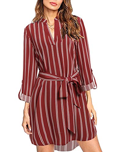 kenoce Blusa Vestidos para Mujer Cuello en V Plaid Camisa Suelta de Manga Larga Vestidos Casual Túnica Larga Tops F-Vino Tino S