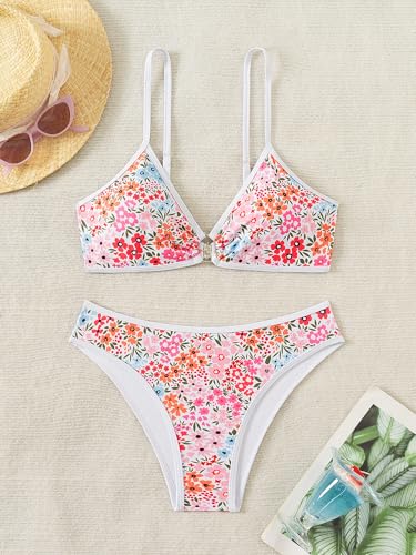 Image of Fanuerg Women's Triangle Bikini Sets O Ring Linked Two Piece Swimsuits Floral Printed Cheeky Bathing Suit