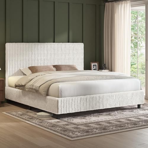 Image of AMERLIFE Upholstered Bed Frame, Metal Bed with Headboard, Queen Cream