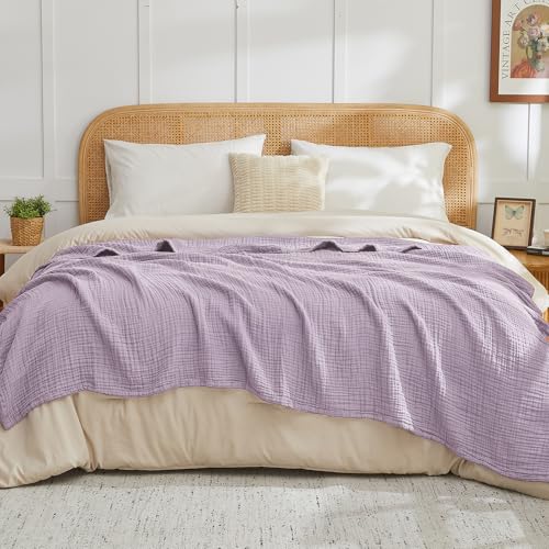 Image of EMME Cotton Muslin King Blanket Bed Layering Bedspread Coverlet Breathable Gauze Soft Lightweight (Heather Lavender, 108 inchx90 inch)