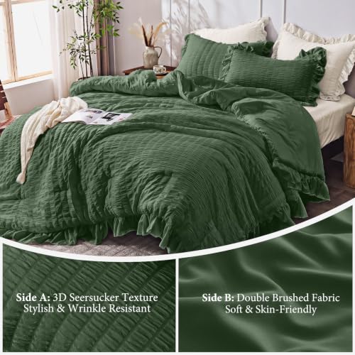Image of JOLLYVOGUE Olive Green Queen Comforter Set,3pcs Ruffle Seersucker Bed Set | OEKO-TEX Certified, All Season, Down Alternative Fill, Lightweight Bedding Set with Ruffle Comforter & Pillowshams, Easy Care