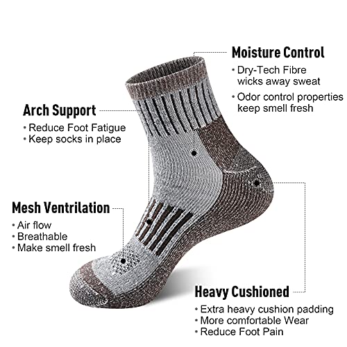 Ecoey Men's Merino Wool Cushioned Hiking Trekking Socks 4 Pairs, Quarter Length With Moisture Wicking (Coffee, Us Shoe Size: Men 8-11.5/Women 9-13.5) #TOP2