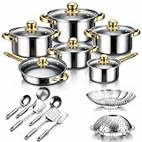 Batería de Cocina de Acero Inoxidable de 15 Piezas, Juego de Ollas y Sartenes Antiadherentes, con Ollas y Espátulas...