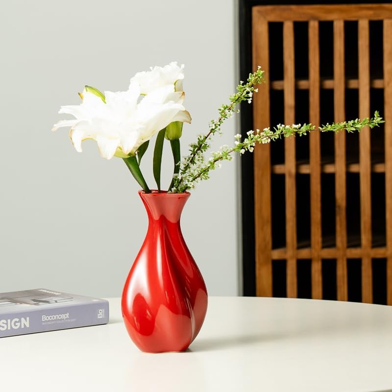 Red Ceramic Vase for Modern Home Decor - Unique Wavy Shape Decorative Vase for Living Room, Bedroom - Ideal Gift for Women, Valentine's Day, Housewarming (ChifonCyan 7.87 Inches) - Image 2