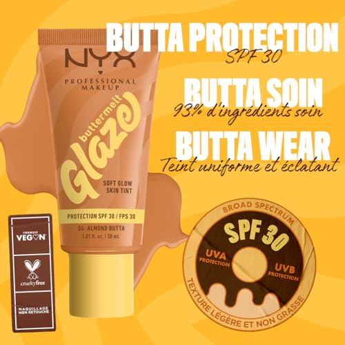 NYX Professional Makeup Fond de Teint Hydratant SPF30 Tenue Longue Durée Jusqu'à 12h 93% d'Ingrédients Soin Formule Vegan Buttermelt Glaze Tint Teinte : Almond Butta 30ml - vue 4