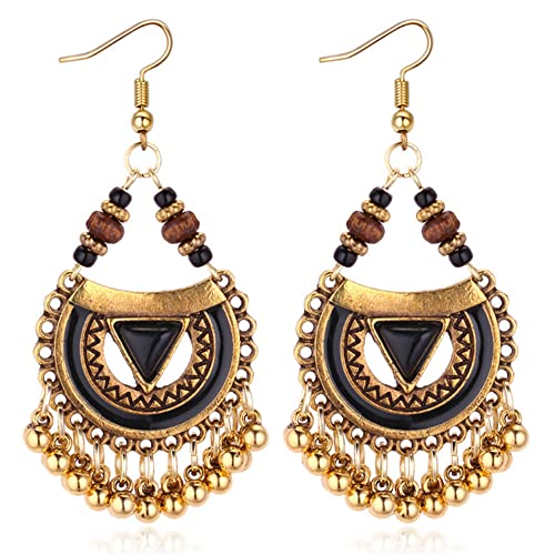 Handmade Bohemian Vintage Gold Bronze Round Flower Geometry Dangle Drop Earrings with Many Teardrop Pendant for Women