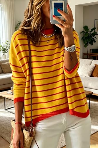 Image of Womens Striped Lightweight Cotton Sweaters Long Sleeve Crew Neck Color Block Casual Knitted Pullover Tops