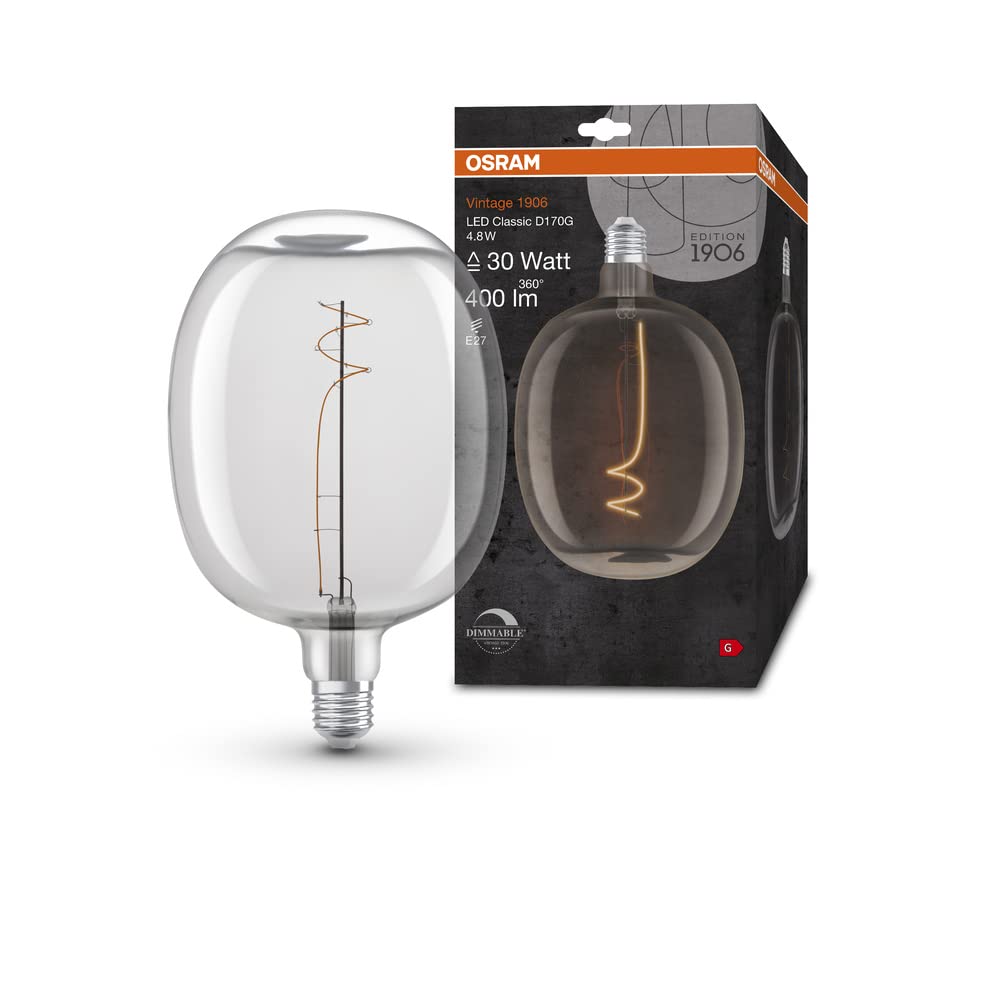 OSRAM Vintage 1906 LED lamp with Clear Glass Body, 4.8W, 400lm, Balloon Shape with 170mm Diameter & E27 Base, Warm White Light at 2700K, dimmable Filament, Life of up to 15,000 Hours