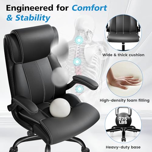 Image of Ergonomic Office Chair, High Back Executive Leather Desk Chair | Inflatable Lumbar Support for Back Pain Relief, Heavy-Duty Comfy Computer Chair for Long Workdays, Flip-Up Armrests, Black