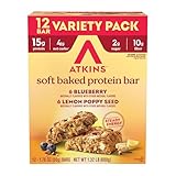 Atkins Soft Baked High Protein Bars, Lemon Poppyseed & Blueberry Flavors, 15g Protein, 4g Net Carbs, 2g Sugar, Keto Snacks, Low Sugar Protein Bars, High Fiber Snacks, 12 pk (6 bars each flavor)