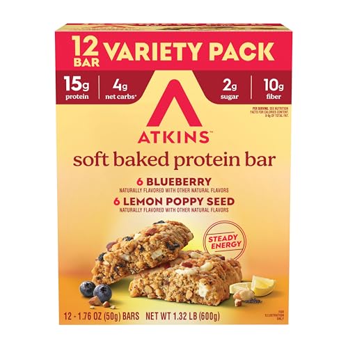 Image of Atkins Soft Baked High Protein Bars, Lemon Poppyseed & Blueberry Flavors, 15g Protein, 4g Net Carbs, 2g Sugar, Keto Snacks, Low Sugar Protein Bars, High Fiber Snacks, 12 pk (6 bars each flavor)
