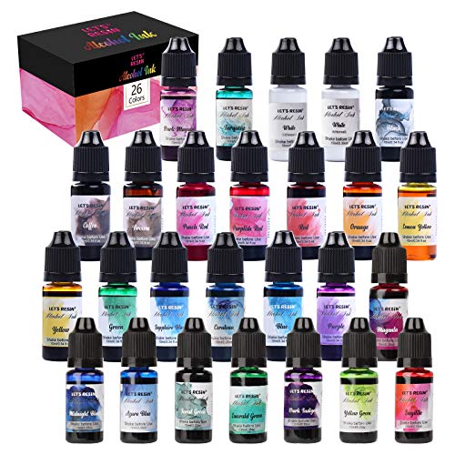 Alcohol Ink for Resin LET'S RESIN Concentrated Alcohol Ink Set 26 Vibrant Colors Alcohol-Based Resin Ink,Alcohol Paint Dye for Resin Art,Tumblers,Epoxy Resin (Each 0.35oz)