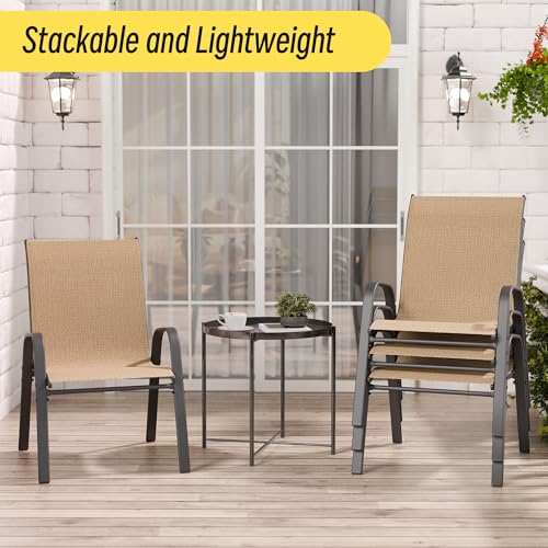 Image of Betterhood Patio Chairs Set of 2, Stackable Outdoor Dining Chairs Set with Breathable Seat Fabric, All-Weather Powder-Coated Metal Frame for Deck, Pool Side and Backyard, 350LBS Capacity (Khaki)