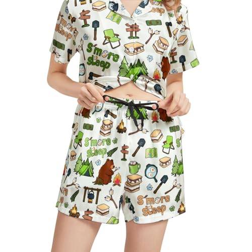 Image of Silk Satin Pajama Set for Women Summer Lounge Pjs Sets 2 Piece Suit Ladies Button Down Tops And Shorts Sleepwear