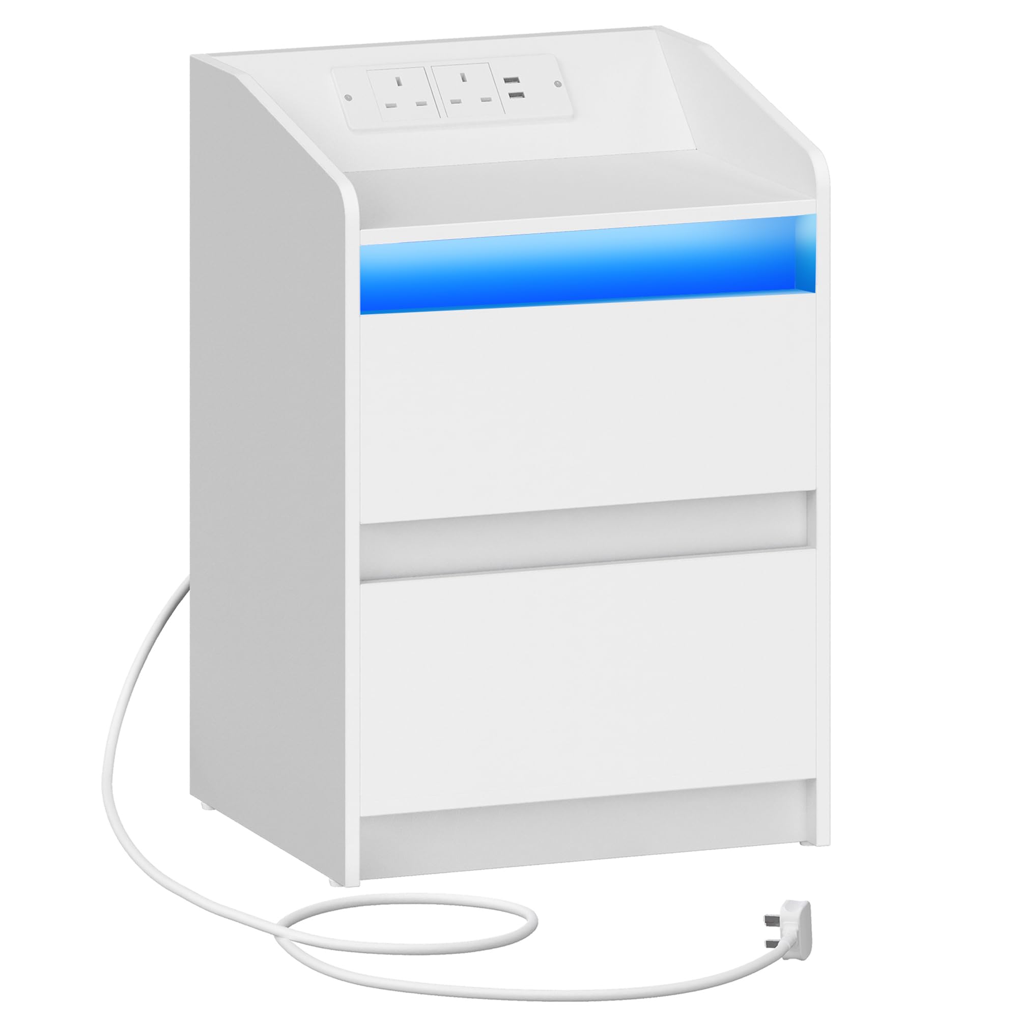 Hzuaneri Bedside Table with LED Lights, Bedside Cabinet with Charging Station and 2 Drawers, Nightstand with USB Ports & Power Outlet, Nightstand for Living Room and Bedroom, White NS30003XUK