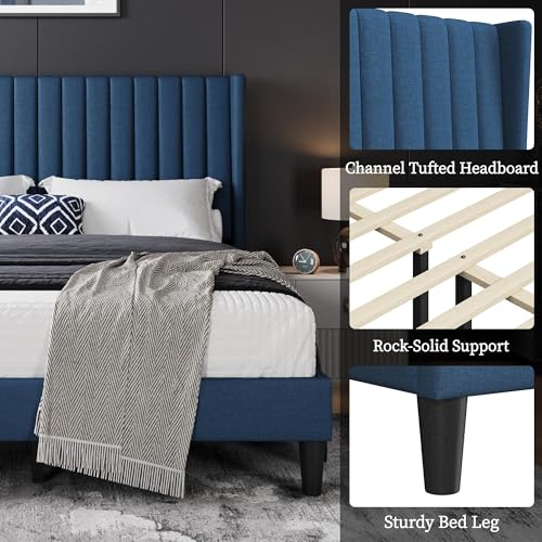 Image of Yaheetech Queen Bed Frame with Headboard, Navy Blue Channel-Tufted Platform