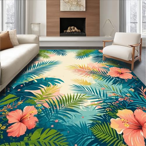 Flatwoven High Traffic Area Rug 8x10, Island Escape with Abstract Tropical Flowers and Flowing Leaf Silhouettes, Non Slip, Stain Resistant, Washable Area Rugs for Living Room, Bedroom (Blue, 8x10)