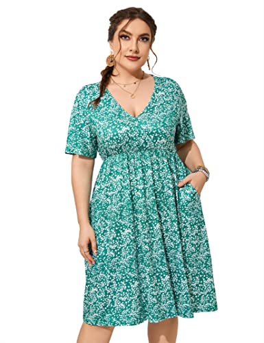 Image of ShopWonder Plus Size Dress Women's V Neck A-Line Knee Length Wrap Swing Dresses Plus Size A Line Party Mini Dress