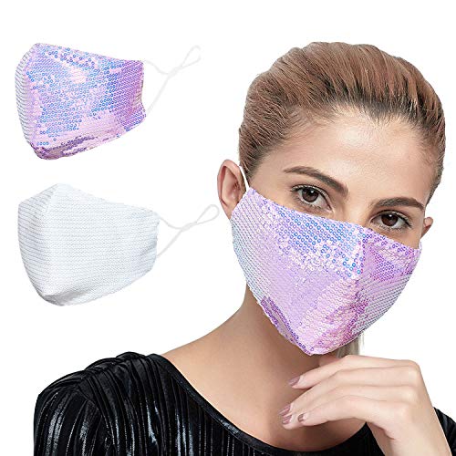 HOOLRO 2 Pack Womens Sequins Face Cloth Covering, Fashion Reusable Breathable Sparkly Face Covers (Purple+White)