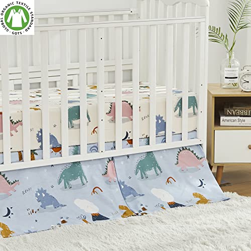 Image of Brandream Crib Bedding Sets for Boys 100% Cotton Roar Dinosaur Print Baby Nursery Bedding Blue Green Cream White Yellow 3 Pieces