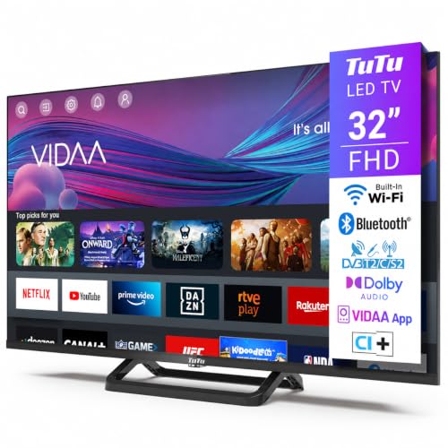 TuTu TUV32FN1B Smart TV 32 Pulgadas, Full HD Televisor con LED Pantalla, Wi Fi, Bluetooth, App Store, Sintonizador Digital, Prime Video, Netflix, Youtube, DAZN, Pluto TV y Más