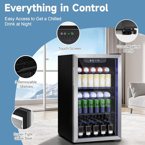 Image of Erivess 3.1 Cubic Feet Mini Fridge,110 Can Freestanding Beverage Refrigerator with Glass Front Door for Soda, Beer Under Counter Small Refrigerator with Adjustable Shelves and Digital Display(Silver)
