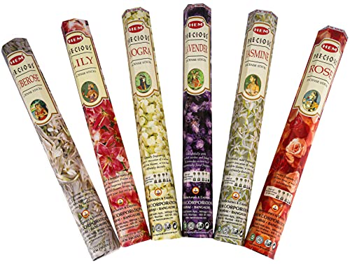 Hem Handcrafted Incense Sticks Gift Set - Rose, Jasmine, Mogra, Tuberose, Lily And Lavender Variety Insence Stick- Set Of 6 Insenses (120 Sticks) (Hem Hexa Lily Floral 1) #TOP7