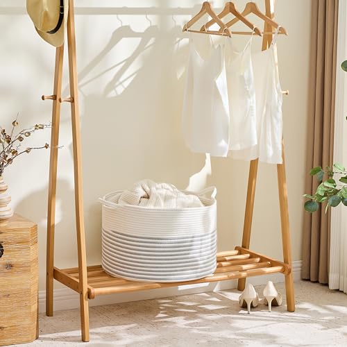 Image of KAKAMAY Cotton Rope Storage Basket (20 inchx13 inch),Woven Hamper for Blankets,Toys,Pillows,Clothes,Laundry,Sturdy Handles Decorative Basket for Living Room, Bedroom,Nursery(Grey /Beige)