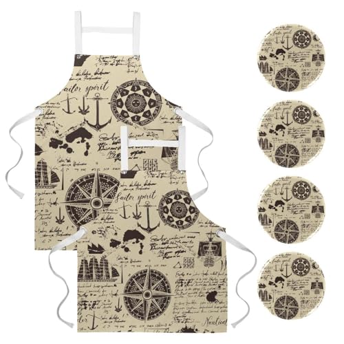 Tablier de serveuse vintage ancre et boussole pour bar et restaurant