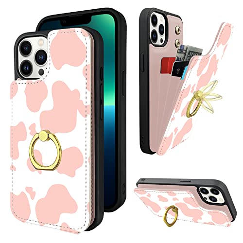 Funda tarjetero iPhone 13 con anillo giratorio de 360 grados y tapa abatible rosa estampado