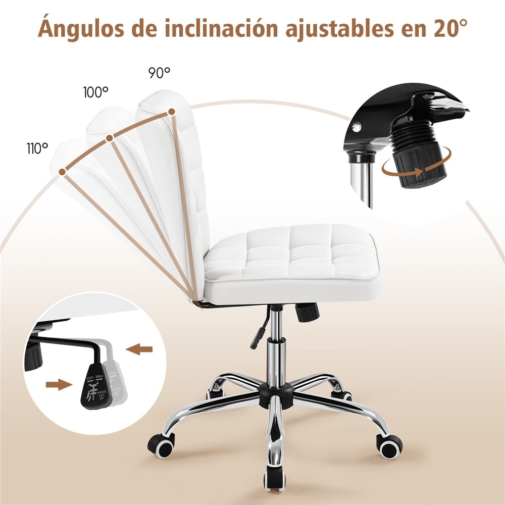 Yaheetech Silla de Oficina sin Reposabrazo Silla Oficina Tapizada de Cuero PU Silla con Ruedas Silla Ergonomica Base Metal Blanca