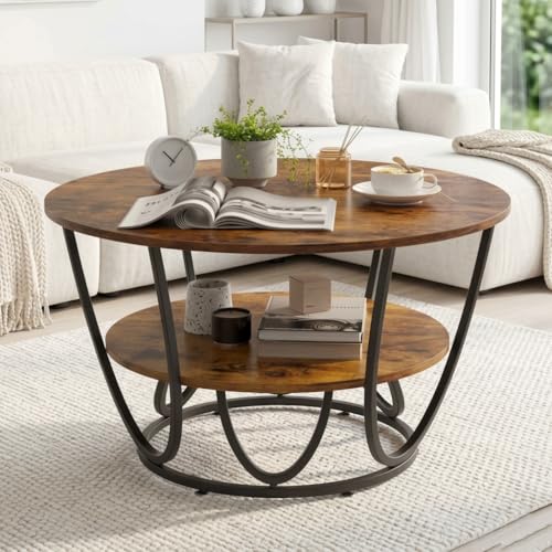 Image of EDEUEQUE Round Coffee Table Modern Sofa Side Table for Living Room End Table Telephone Table with 1 Shelf Storage Wooden Tabletop-Marble Print with Metal Frame (Black Brown)