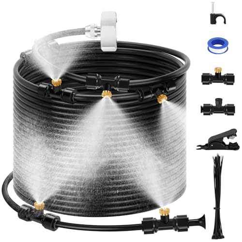 GMAULEE Misting Cooling System, DIY 33FT(10M) Misting Line +10 Brass Mist Nozzles+ a Brass Connector(3/4'') Outdoor Mister System for Patio Waterpark Garden Trampoline Greenhouse