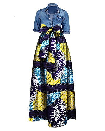 Huiyuzhi Womens African Print Dashiki Dress Long Maxi A Line Skirt Ball Gown (M, Purple-Yellow)