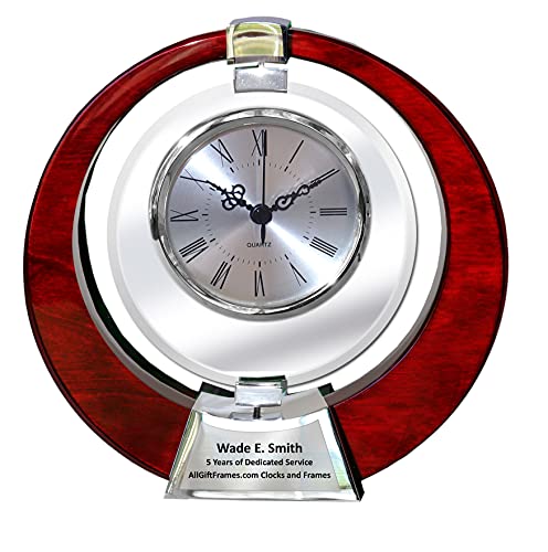 Saturn Cherry Wood Clock Glass Swivel Engraved Table Desk Clock Retirement Gift Anniversary Employee Recognition 360 Degree Spinning Glass Promotion Appreciation Service Award Wedding #TOP26