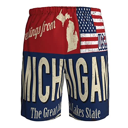 Michigan USA State Flag map red Blue Mens Swim Trunks Beach Shorts Summer Sports Running Bathing Suits3