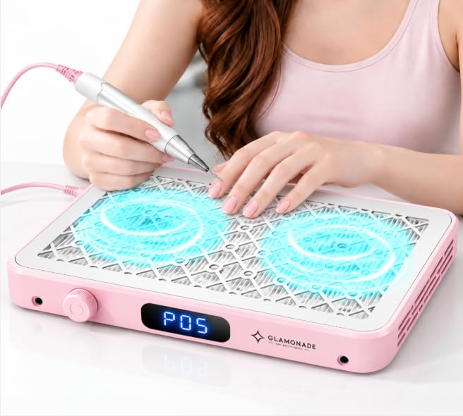 Glamonade Nail Dust Collector: 2000PA Dual Fan Nail Vacuum for Nail Tech 5 Speeds Quiet Dust Collector for Acrylic Gel Nails, Metal Grate 10 Filters Salon & Home Manicure Use