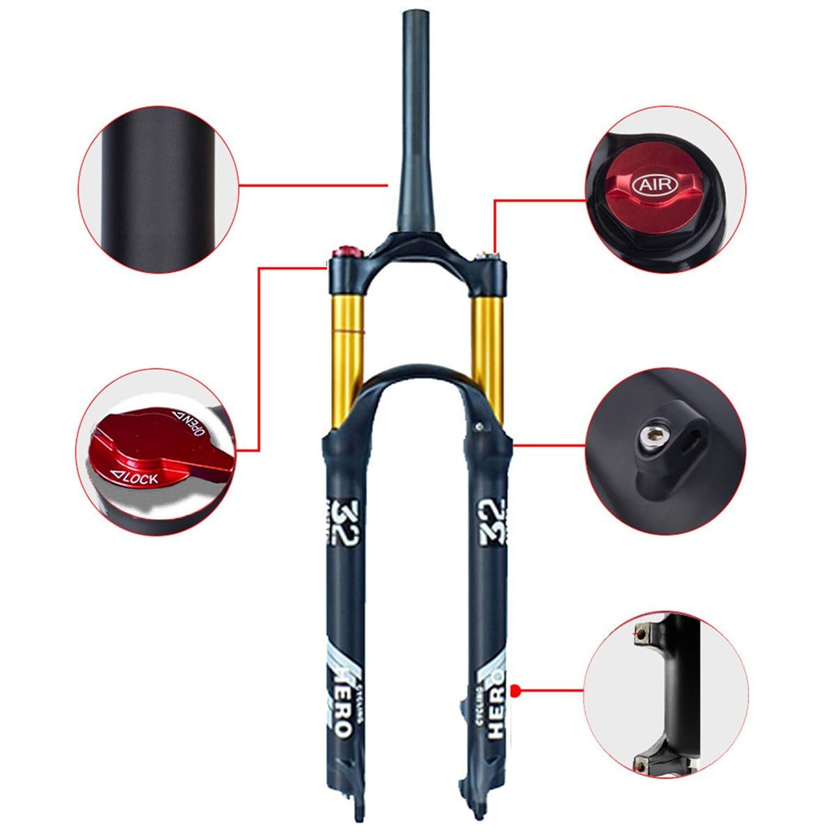 Horquilla Delantera de Aire para Bicicleta de montaña de 26, 27.5 y 29 Pulgadas, Compatible con Frenos de Disco, Tubo de dirección cónico sin Rosca de 1 1/2", Recorrido de 120 mm,
