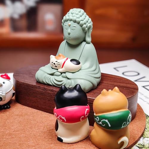 Estatua Mini Buda Sonriente con Gato para Decoración miniatura 7