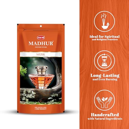 Image of Hem Madhur Musk Incense Sticks - Pack of 3 | Reuseable Zip Pouch Agarbatti | Rich Musk Aroma for Meditation, Pooja, Puja Rituals & Spiritual Practices | Long-Lasting Fragrance | Approx 270 Stick