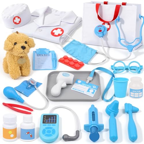 Maletin Brinquedo médico - brinquedo veterinário com estetoscópio real, cão, disfarce, bolsa de transporte, termómetro e seringa, kit médicos crianças, presente de brinquedo de papéis para meninos e meninas 3 4 5 anos