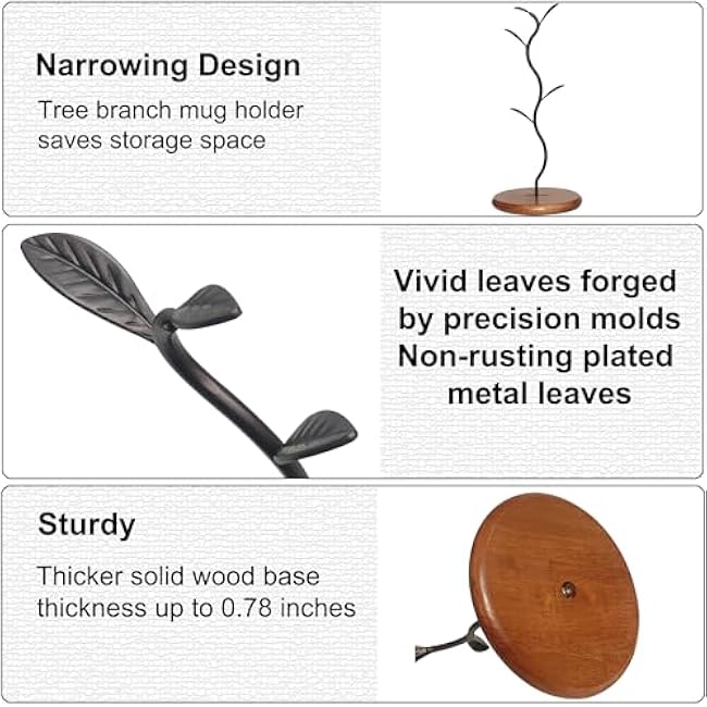 Coffee Mug Holder Tree Rack for Counter,Leaf Shaped Tea Cup Mug Holder Stand for Countertop,Perfect Coffee Bar Accessory & Kitchen Home Organizer Black