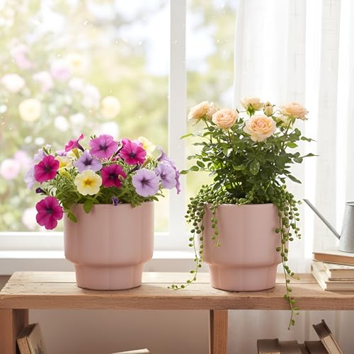 Image of Xtore Sophisticated Ribbed Ceramic Planter Set of 2 for Indoor Plants | Modern Minimal Pots for Living Room, Desk & Shelf Styling (Pack of 2, Planter only)