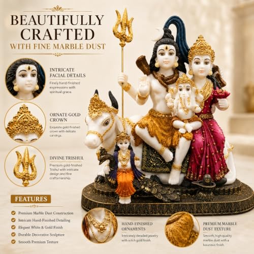 Image of ARMONIA Premium 14 Inch Shiva Parvati Ganesh Idol Shiv Parivar Murti Statue | Polystone Mahadev with Golden Detailing | Best for Pooja, Mandir, Wedding & Housewarming Gift (Including Cleaning Cloth)