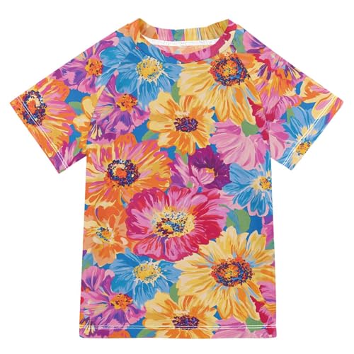 ALAZA Kids Rash Guard Girls Toddler Swim Shirts Short Sleeve Bright-Coloured Flower UPF 50+ 3T