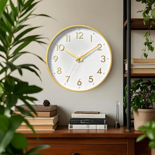 Image of Mosewa Wall Clock 10 Inch, Battery Operated Silent Non-Ticking Modern Analog Clock Decorative for Kitchen, Bedroom, Office, Living Room(White Gold)