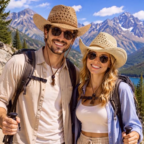 Image of Unittype 4 Pcs Straw Cowboy Hats with Windproof Rope