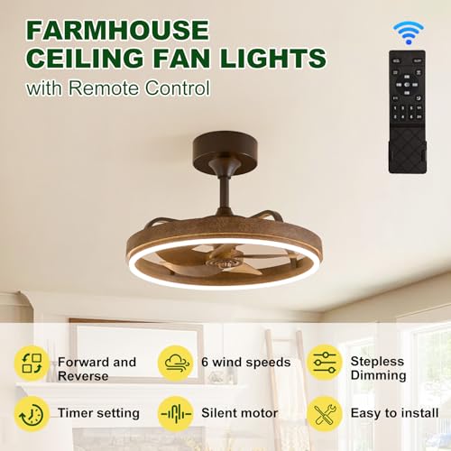 Image of Farmhouse Fandelier Retro Ceiling Fan with Light, 20 inch Rustic Brown Dimmable LED Chandelier Ceiling Fans, Low Profile Smart Bladeless Ceiling Fan Lights 6 Speeds for Bedroom, Living Room